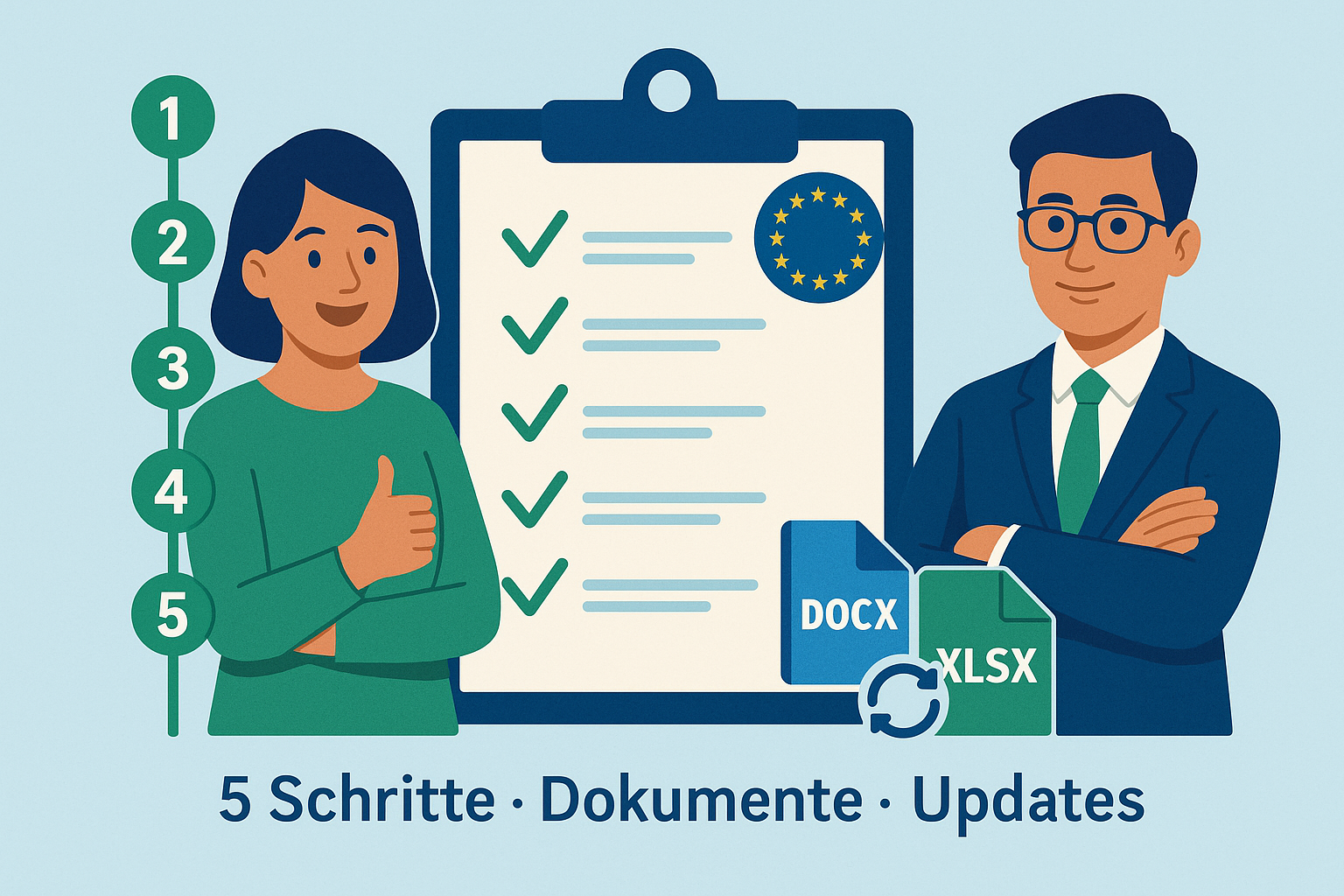 Illustration: 5 Schritte, Dokumente und Updates mit EU-Siegel