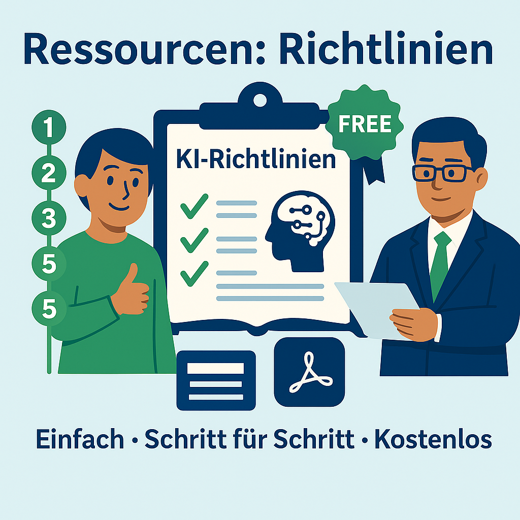 Illustration zu KI-Richtlinien mit Checkliste und Symbolen für DOCX und PDF